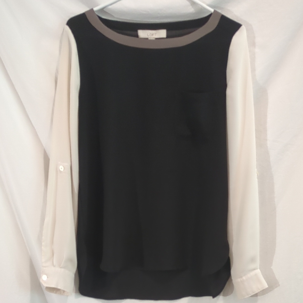 LOFT | Office Colorblock Blouse Black Cream Taupe Long Sleeves Longer Length | S